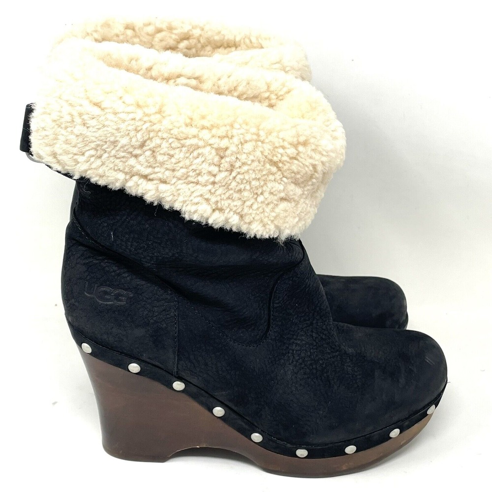 Ugg Carnegie Black Cream‎ Clog Sherpa Studded Leather Boots Size 7 Shearling
